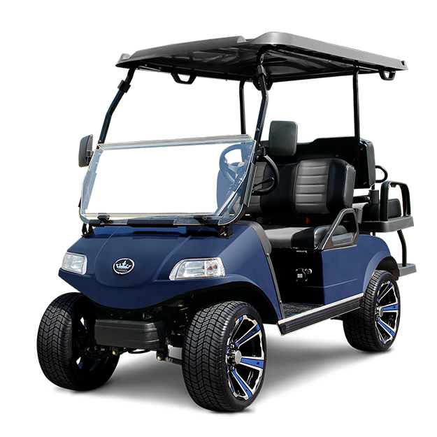 A blue golf cart with a black roof on a white background.