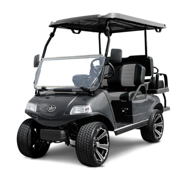 A black golf cart with a clear windshield on a white background.