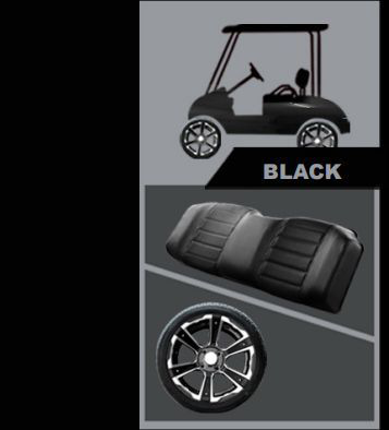 A black golf cart with a black seat and a black wheel