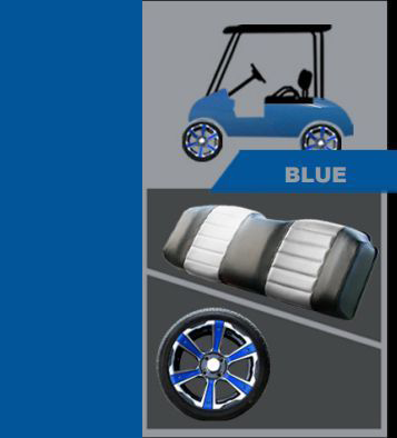 A blue golf cart with a black seat and a blue wheel