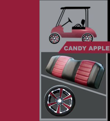 A candy apple golf cart with a red seat and wheel