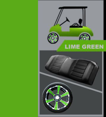 A lime green golf cart with a black seat and green wheels