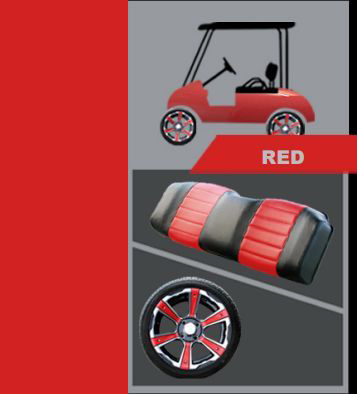 A red golf cart with a red seat and wheel