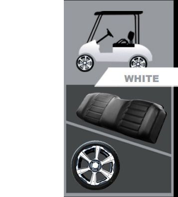 A white golf cart with black seats and wheels