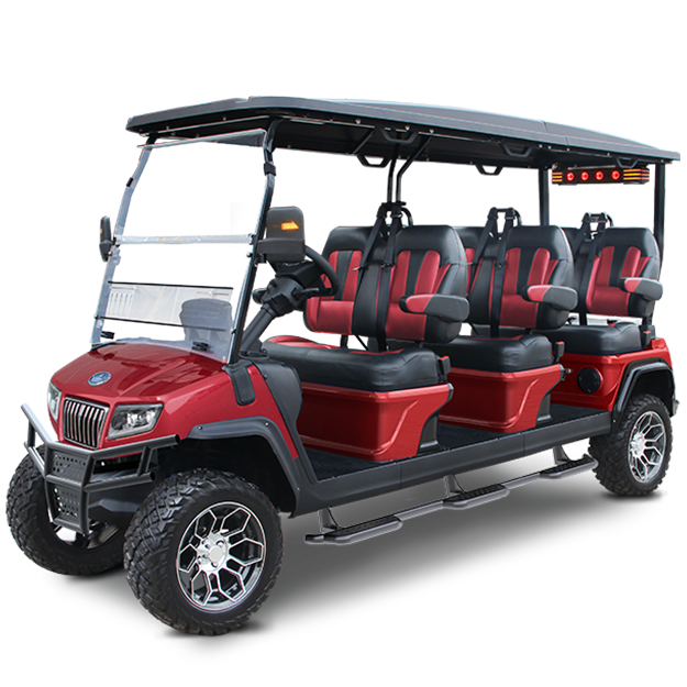 A red golf cart with black seats on a white background.