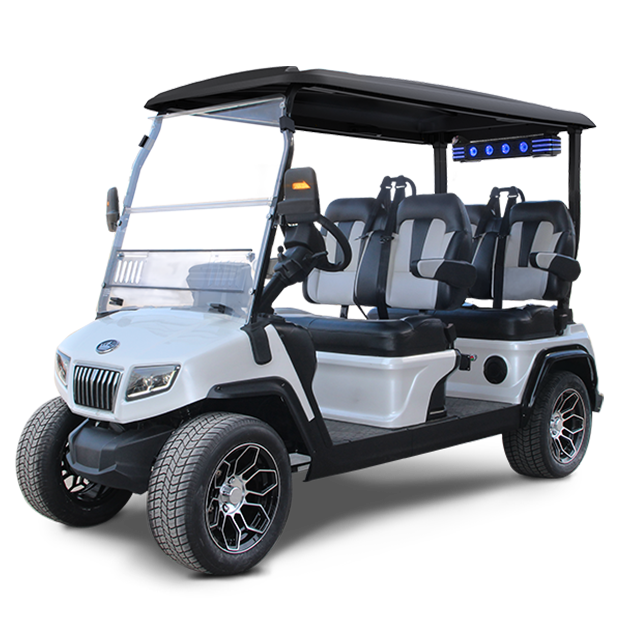 A white golf cart with four seats on a white background.