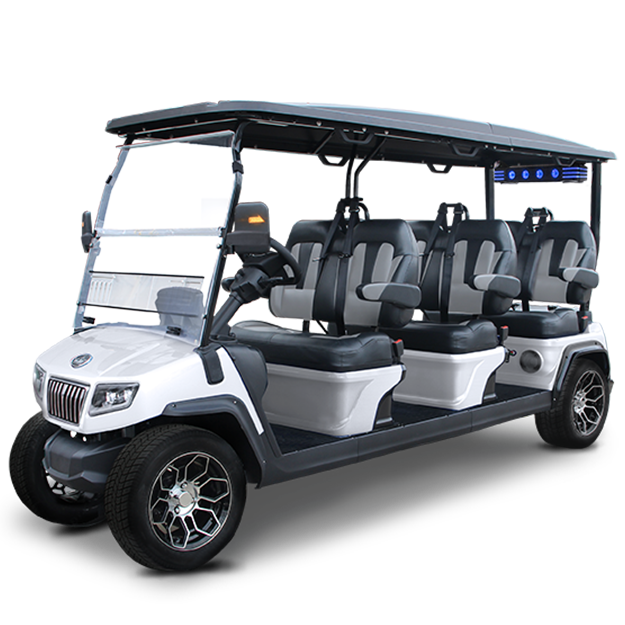 A white golf cart with four seats and a canopy on a white background.