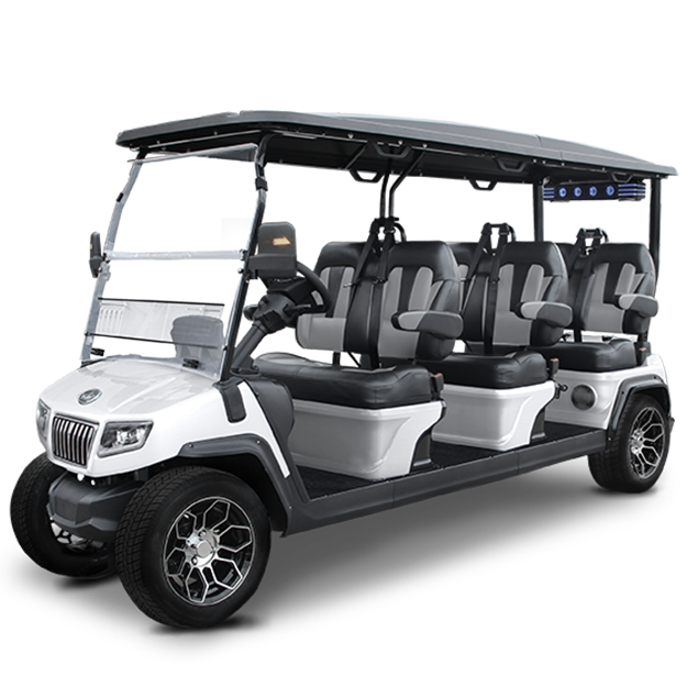 A white golf cart with gray seats on a white background.