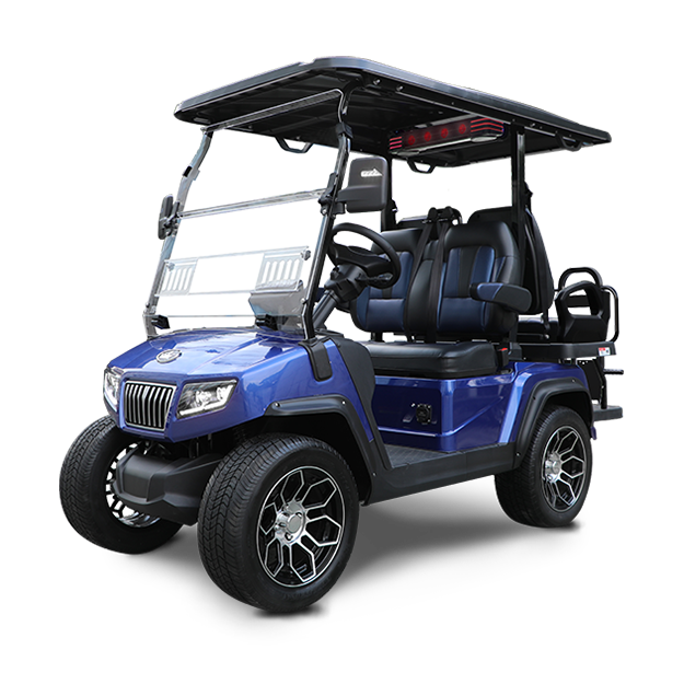 A blue golf cart with a roof on a white background.