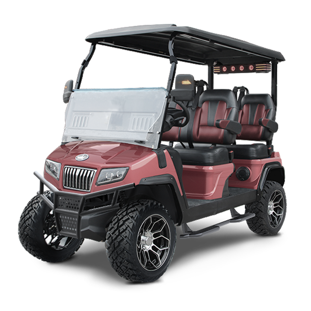 A red golf cart with a black roof on a white background.