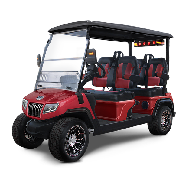 A red golf cart with red seats on a white background.