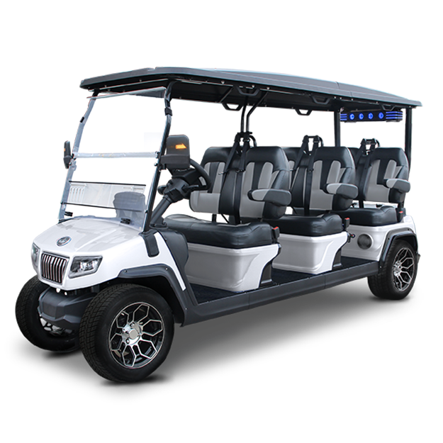 A white golf cart with black seats on a white background.