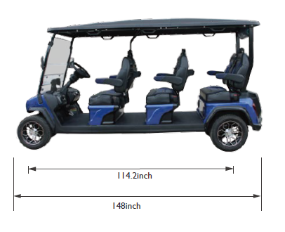 A picture of a golf cart with measurements on it