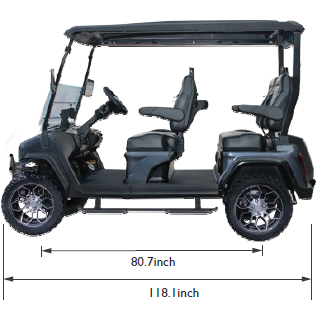 A picture of a golf cart with measurements on it
