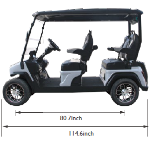 A picture of a golf cart with measurements on it