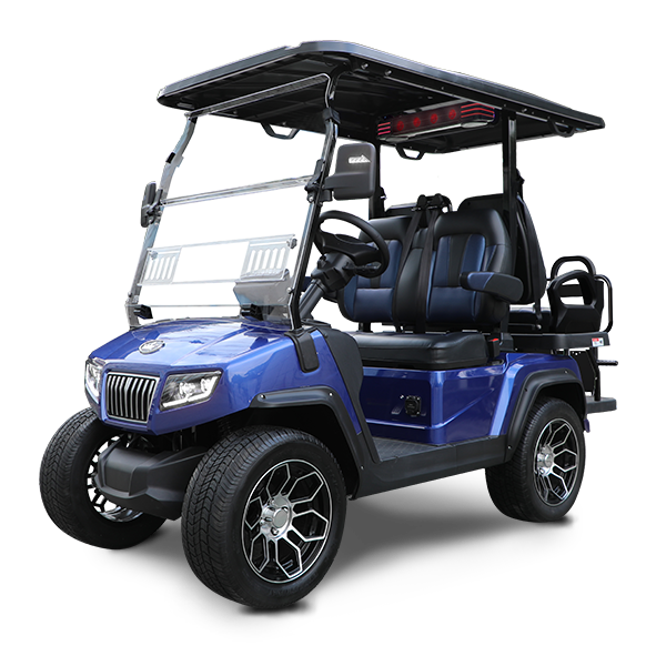 A blue golf cart with a roof on a white background.