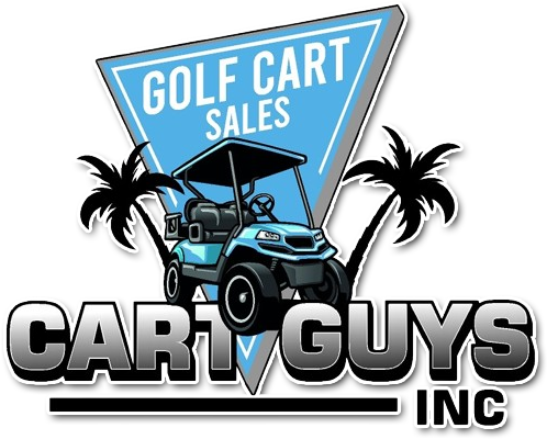 A logo for golf cart sales with a golf cart and palm trees.