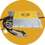 A yellow box with a fan on it and a bunch of wires coming out of it.