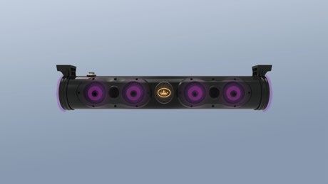 A black speaker with purple speakers on a blue background.