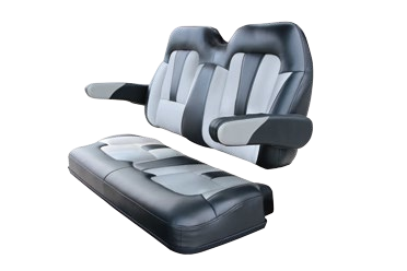 A black and white couch with arm rests on a white background.