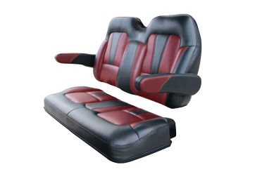 A black and red seat with arm rests on a white background