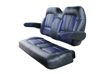 A black and blue seat with arm rests on a white background.