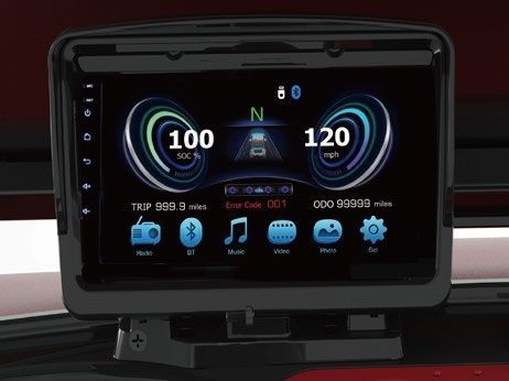 A car dashboard with a screen that says 100 and 120 on it.