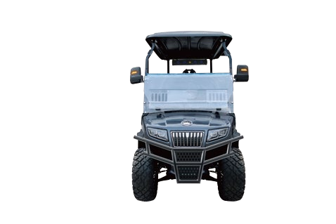 The front of a golf cart is shown on a white background.