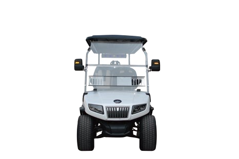 A white golf cart with a black roof on a white background.
