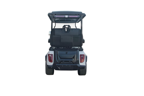 The back of a black and white golf cart on a white background.