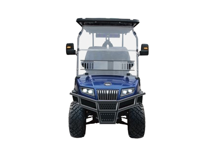 The front of a blue golf cart on a white background.