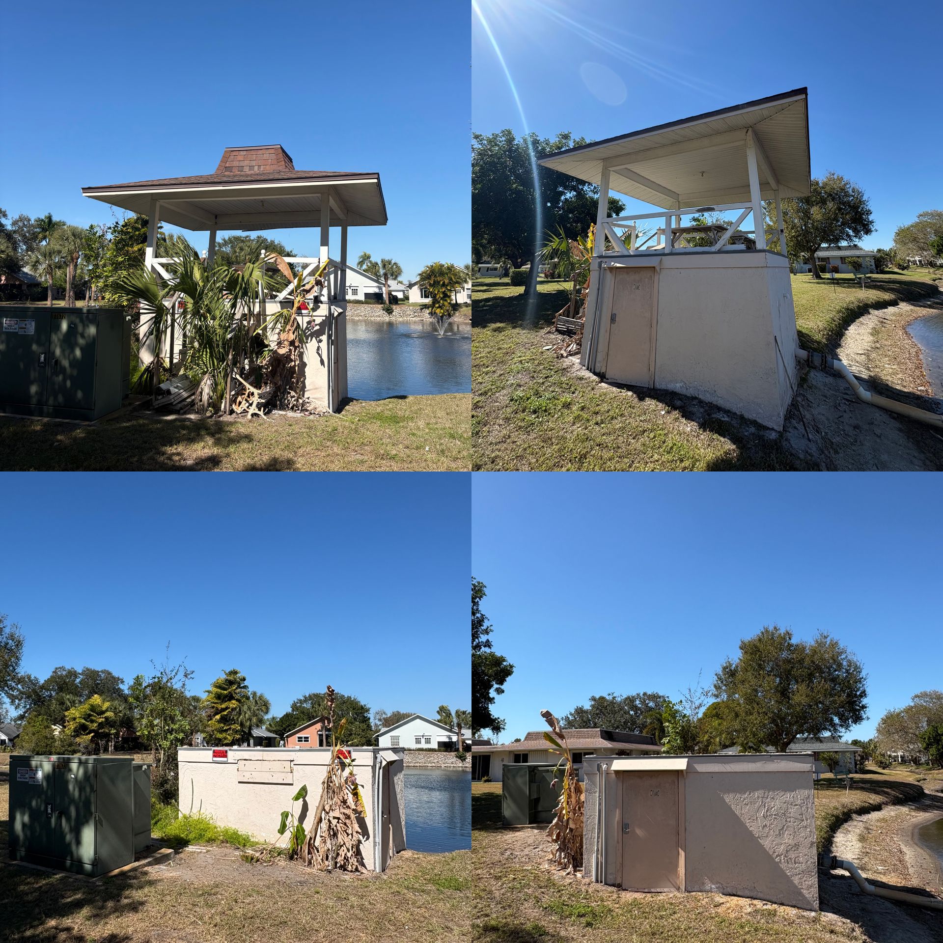 Four views of a small, open-sided structure with a sloped roof next to a pond. Bright sunny day.