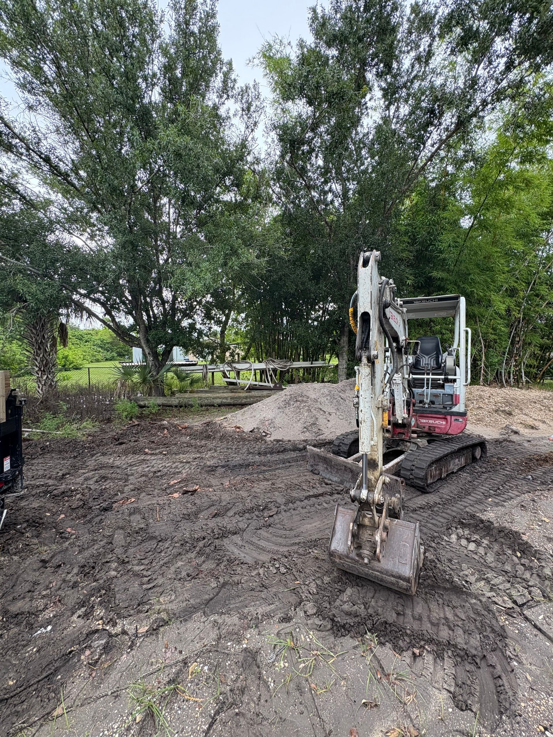 Excavator on muddy ground; trees in background.