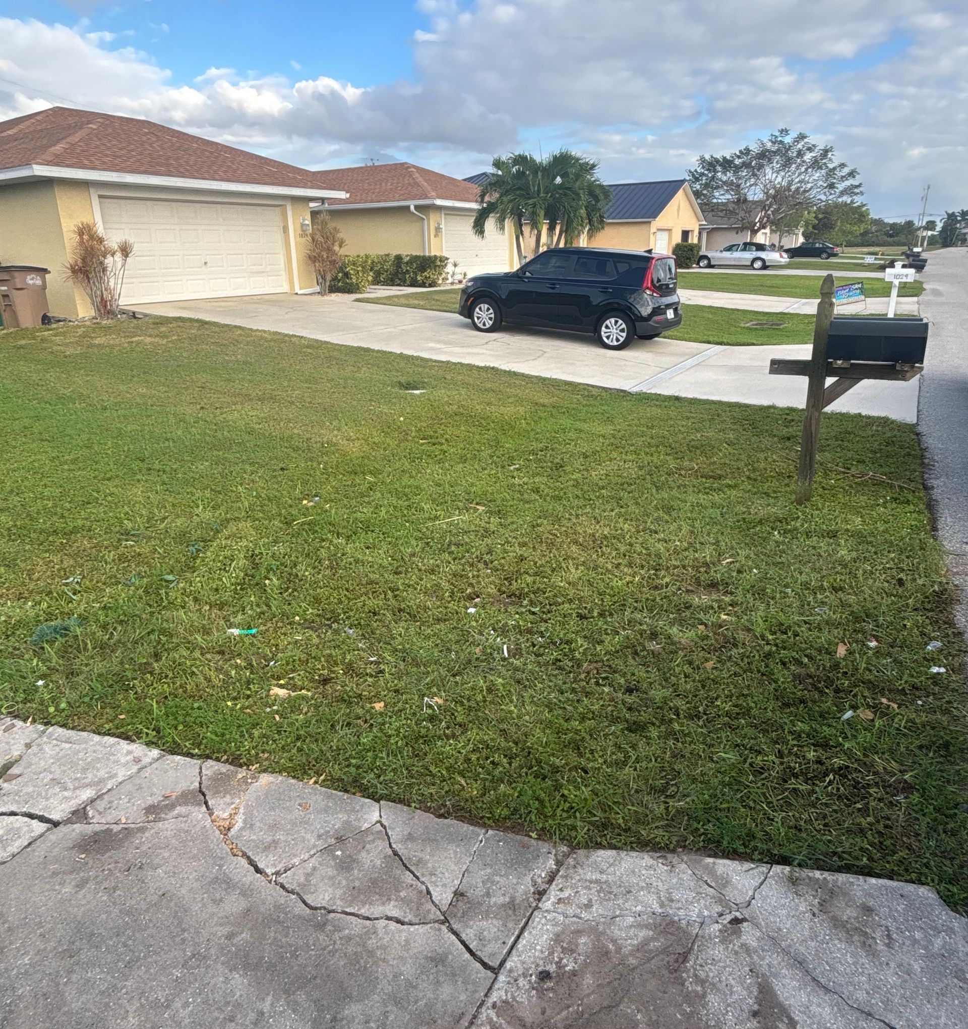 A front yard with patchy green grass, a black car, houses, and a mailbox. Cloudy sky.
