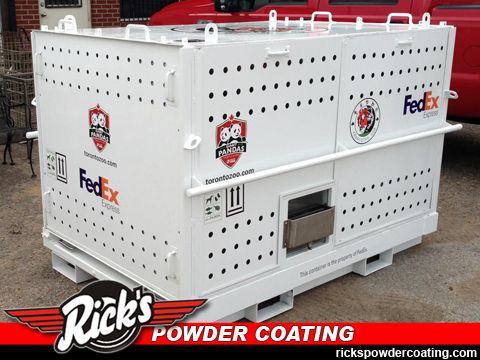 White perforated industrial container with FedEx decals and Rick’s Powder Coating logo on a workshop floor