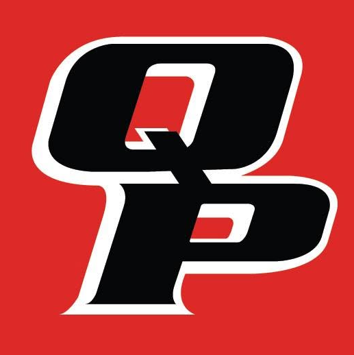 Stylized black and white QP letters on a red background