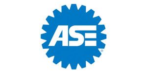 Blue ASE logo with white letters inside a spiky circular emblem