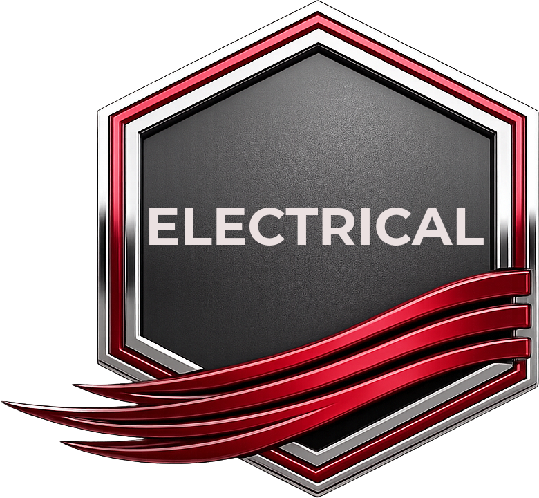Hexagonal black and red electrical service badge with red wave accents and the word “ELECTRICAL” in white text