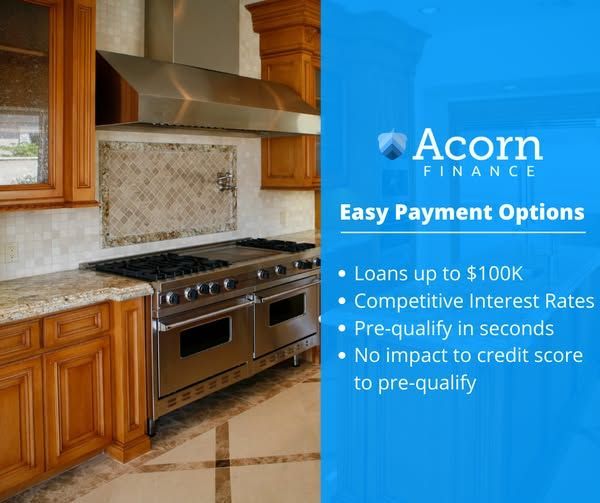 Acorn Finance ad over kitchen photo, promoting easy payment options and pre-qualification.