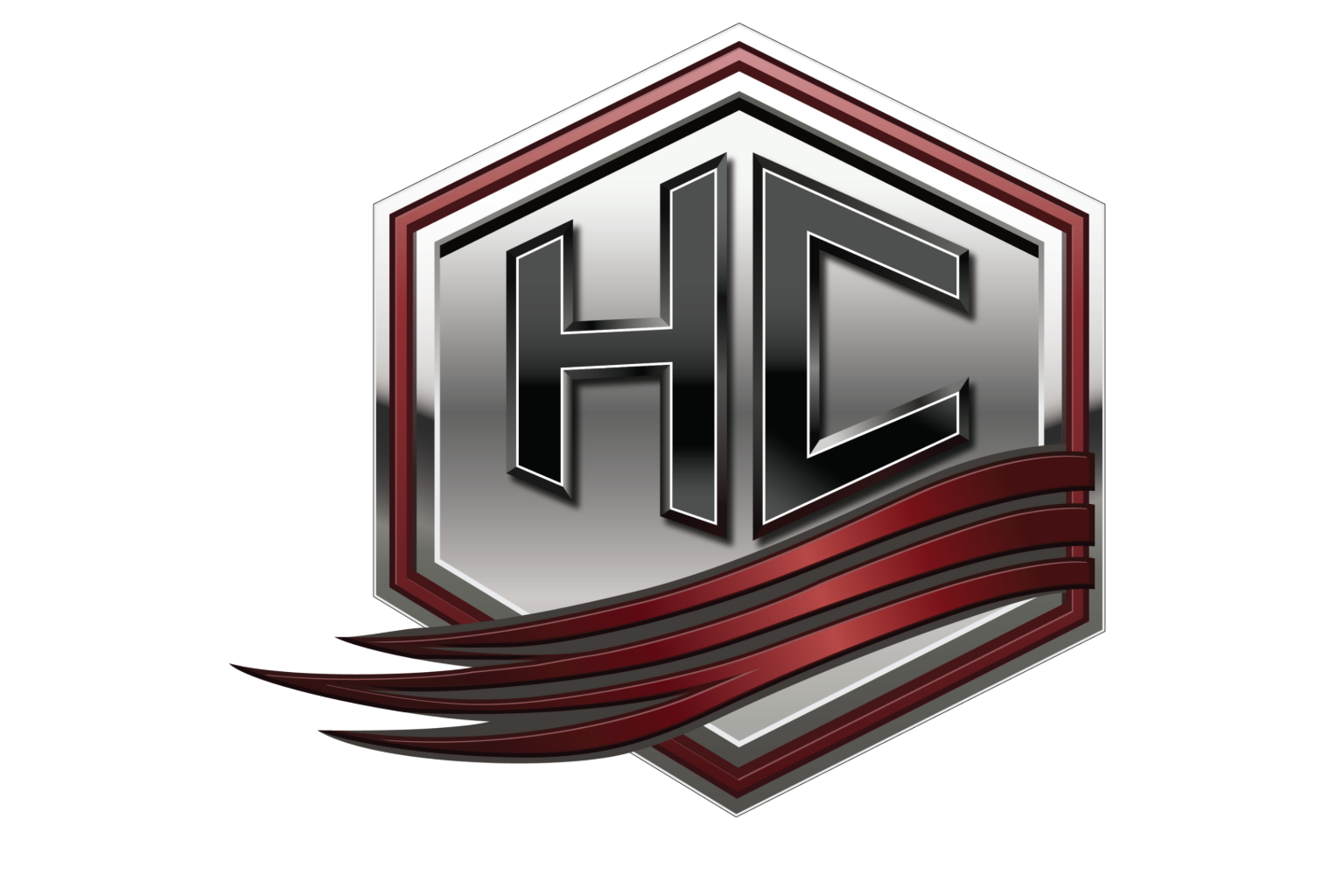 Red and silver hexagonal HC logo with sweeping stripes