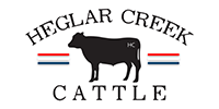 Heglar Creek Cattle logo with black cow, red and blue stripes, and arched text