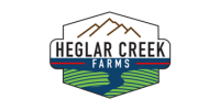 Heglar Creek Farms logo with mountain outline, green fields, and navy red-accented banner