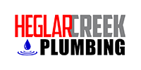 Heglar Creek Plumbing logo with red, gray, black text and blue water droplet icon