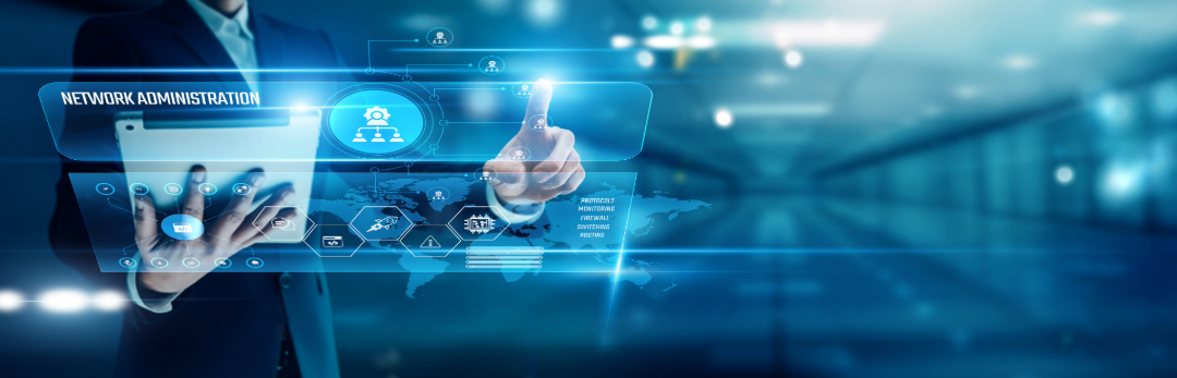Hands using a futuristic blue touchscreen interface with digital icons and data overlays