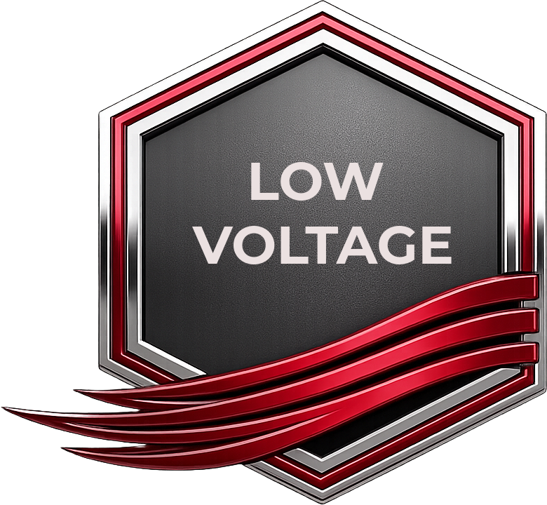 Hexagonal low-voltage warning emblem with red and black accents and sweeping red lines