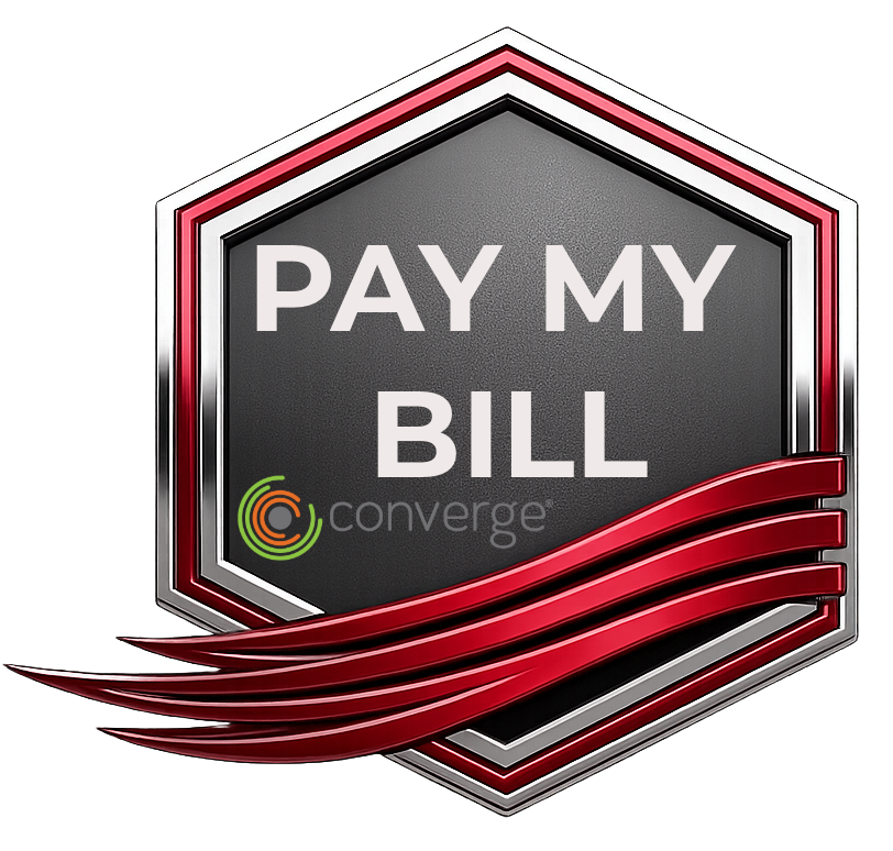 Pay My Bill Converge logo with red and black hexagon and sweeping red lines