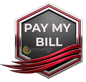 Pay My Bill Converge logo with red and black hexagon and sweeping red lines