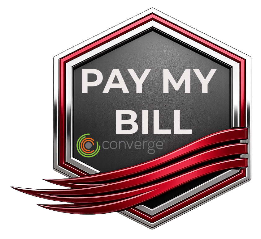 Pay My Bill Converge logo with red and black hexagon and sweeping red lines