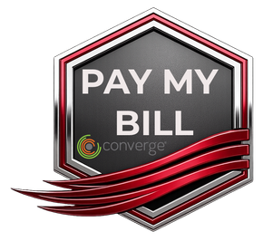 Pay My Bill Converge logo with red and black hexagon and sweeping red lines