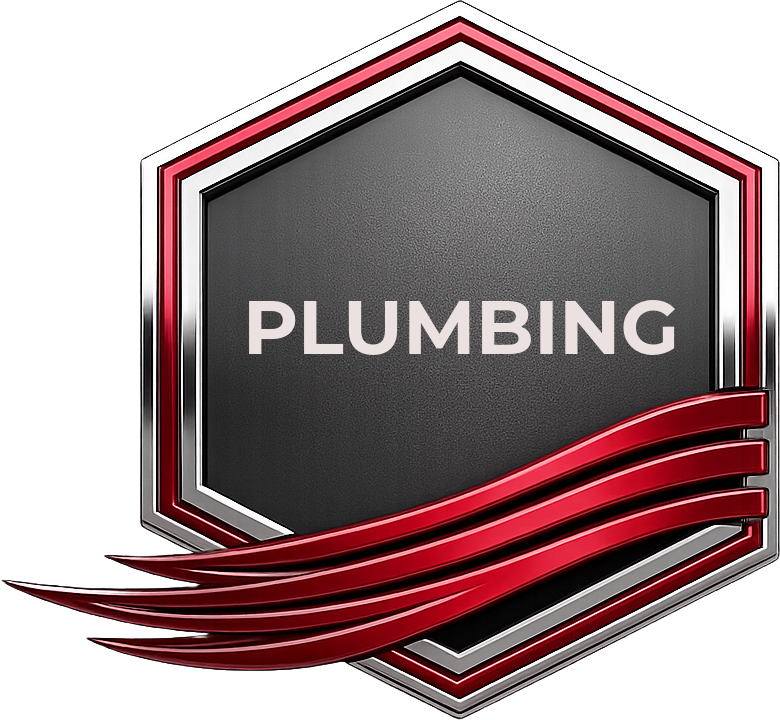 Hexagonal plumbing logo with red and gray accents and the word “PLUMBING” centered inside
